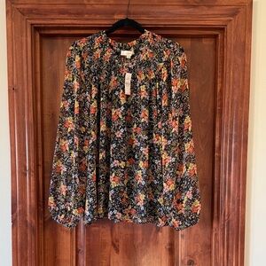 LOFT Black Floral Blouse with Long Sleeves